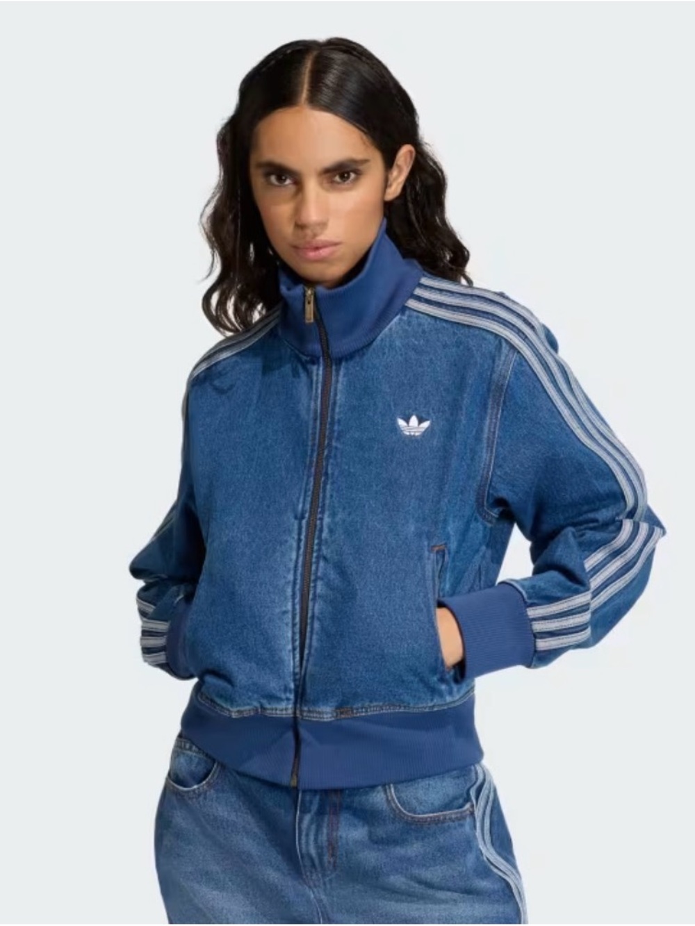 Adidas Firebird Track Blue Denim Bomber Jacket with 3-Stripes